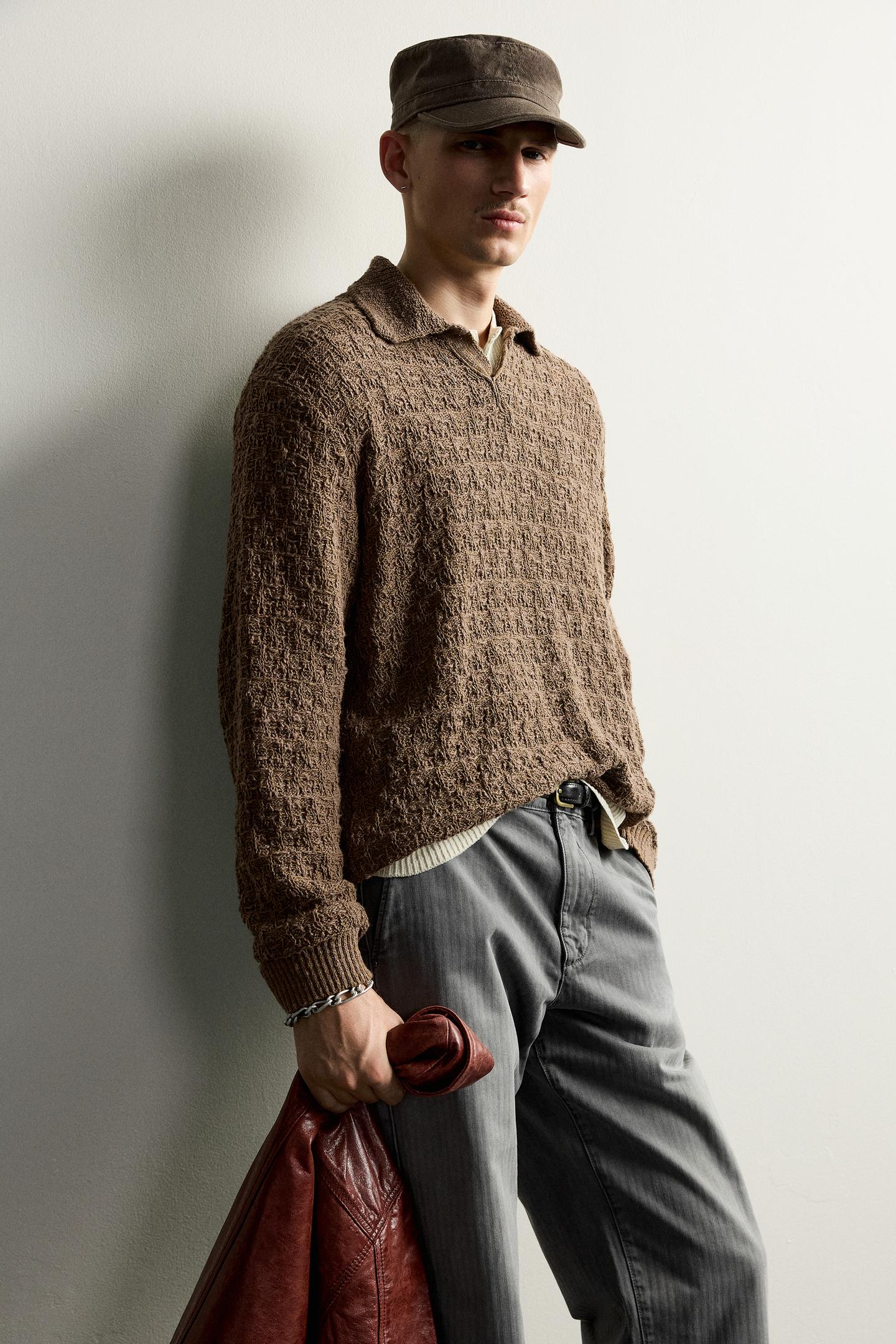 Мужское поло Zara Textured Knit Polo, цвет: Коричневый — фото 5