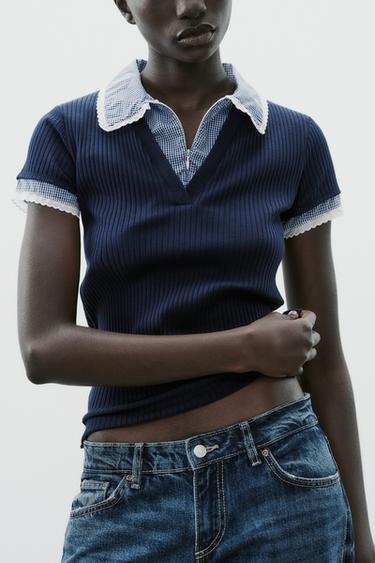 RIBBED T-SHIRT WITH PETER PAN COLLAR - Navy blue by Zara - Image 1