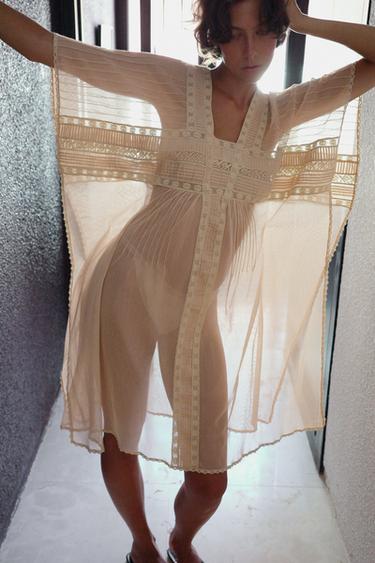 PLEATED LACE KAFTAN DRESS - Beige-pink by Zara