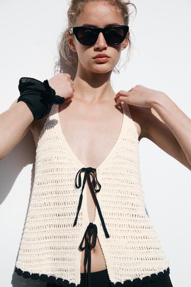 CROCHET LACE-UP TOP - Ecru / Black by Zara - Image 1