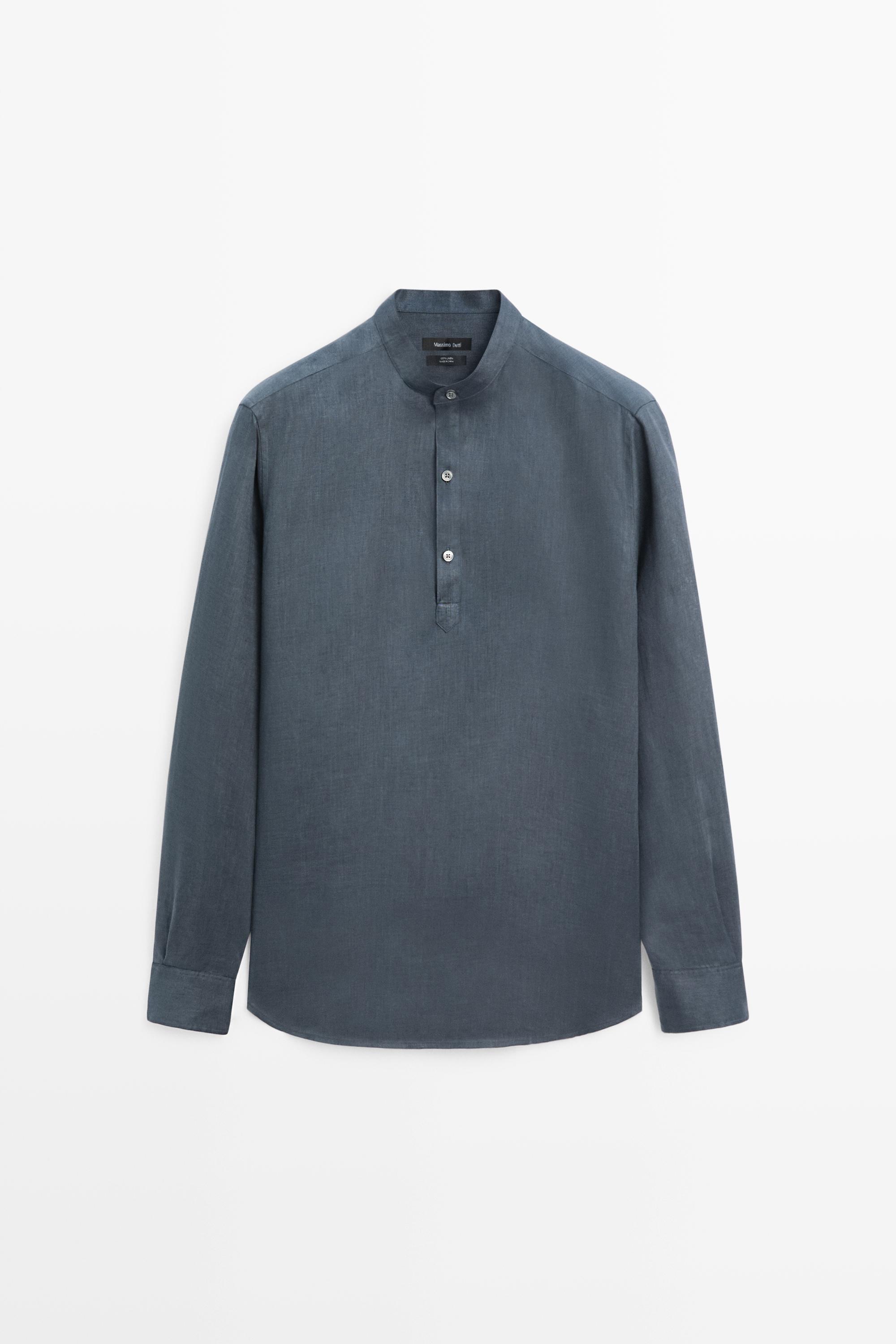 Regular fit stand collar 100% linen shirt - Petrol blue | ZARA