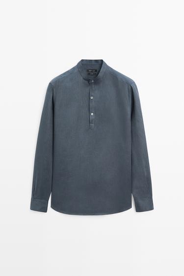 Zara Regular fit stand collar 100% linen shirt - Petrol blue