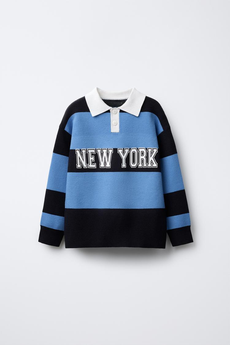 GESTREIFTER VARSITY-STRICKPULLOVER IM POLO-LOOK Blau ZARA