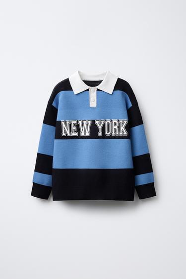 STRIPED VARSITY KNIT POLO SWEATER - Blue by Zara
