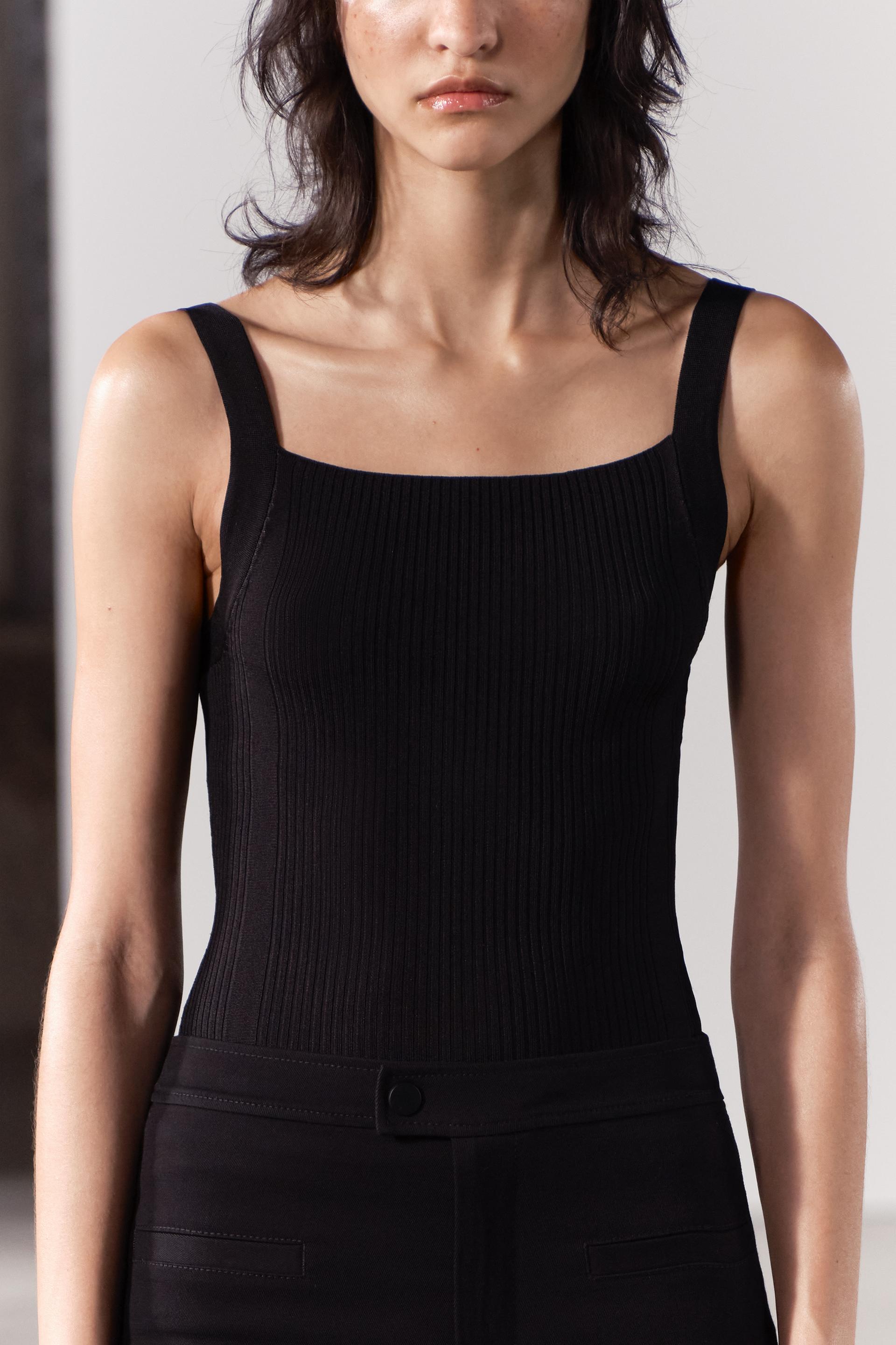 Zara Size M Strappy Ribbed Knit V-Neck Cropped Tank Top Sleeveless Black