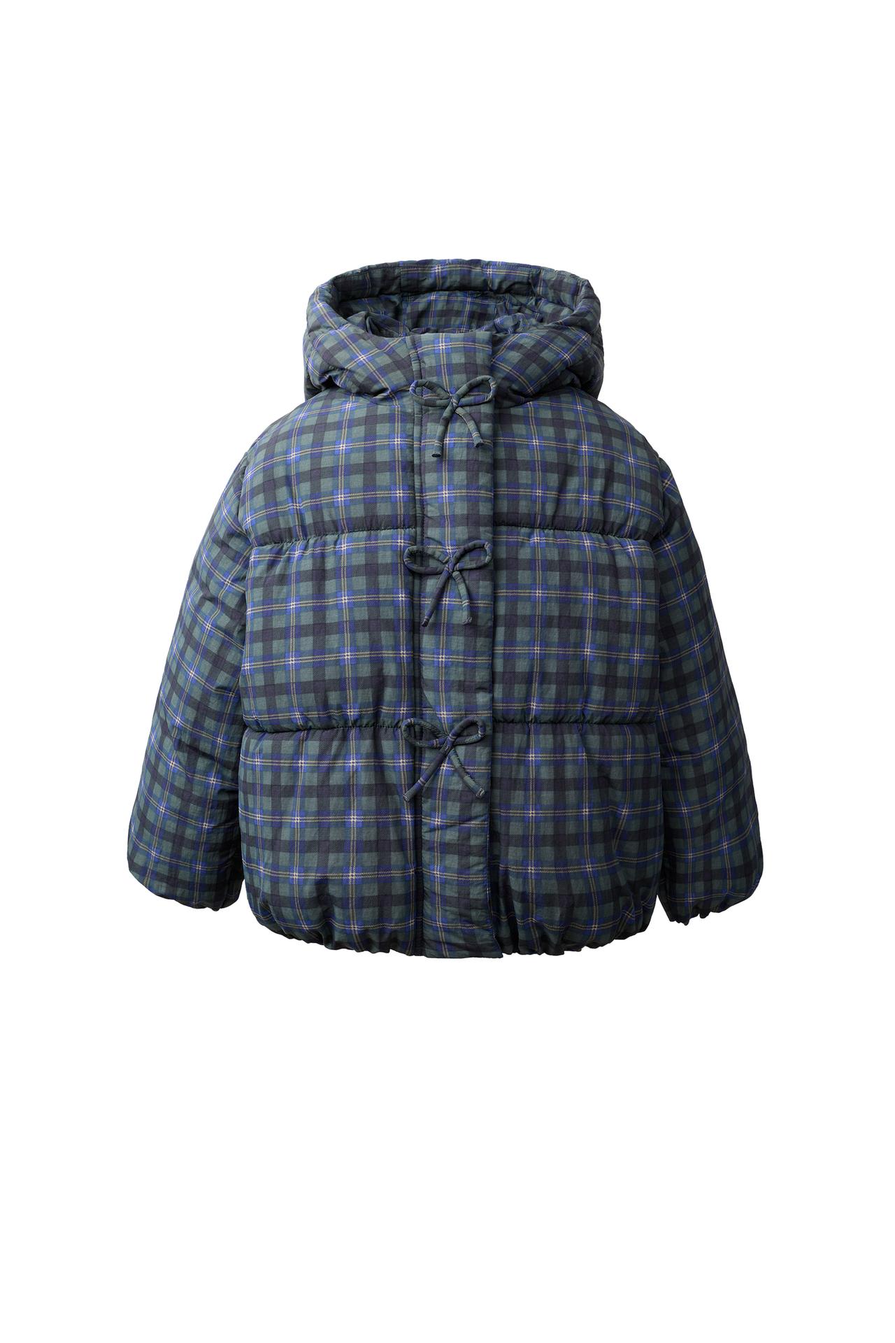 WATER-REPELLENT QUILTED COAT WITH CHECKS AND BOWS