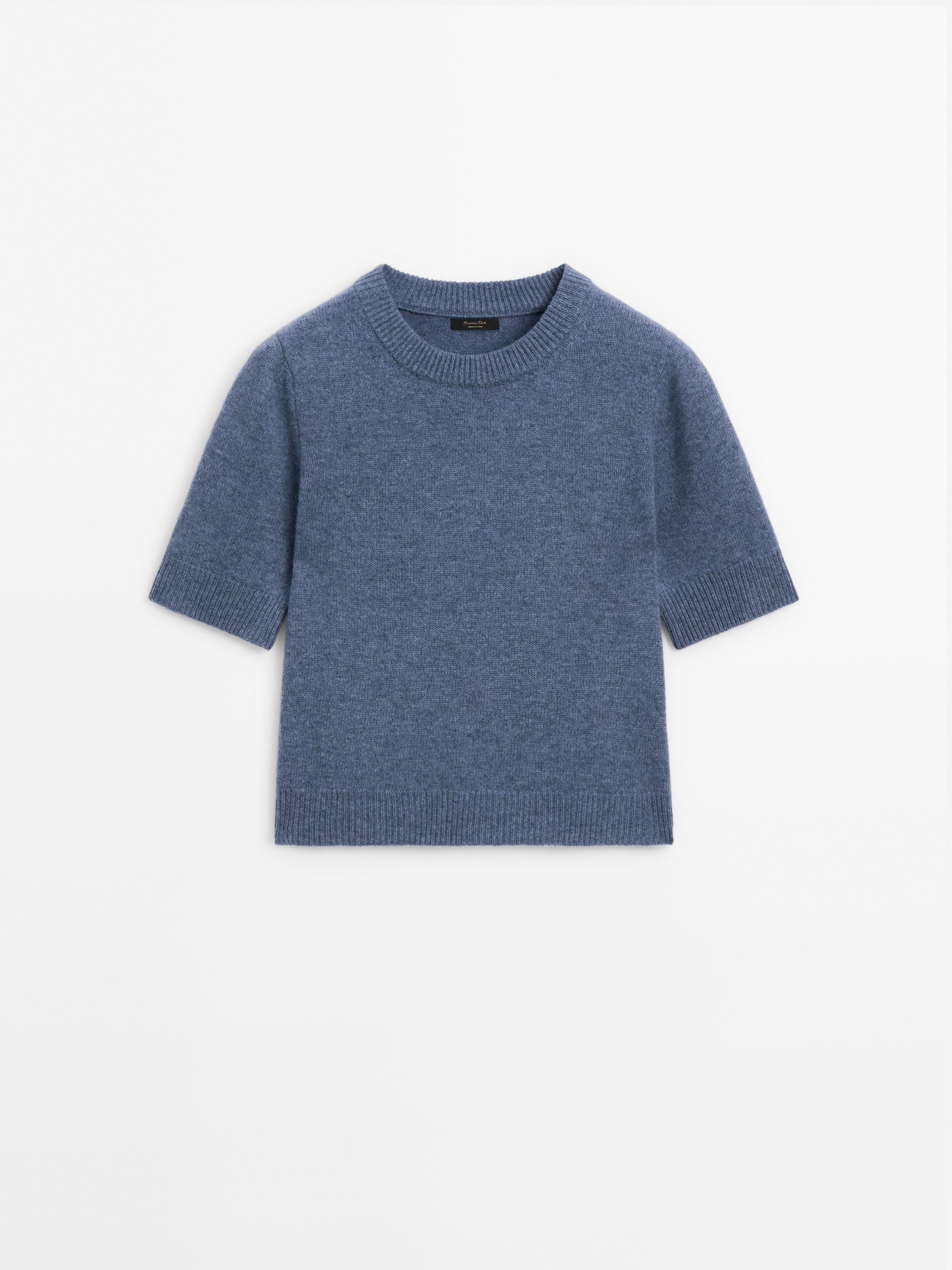 Knit wool blend sweater with short sleeves - Light blue