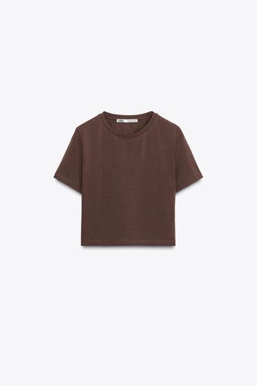 Zara SHORT SLEEVE CROP TOP - Brown