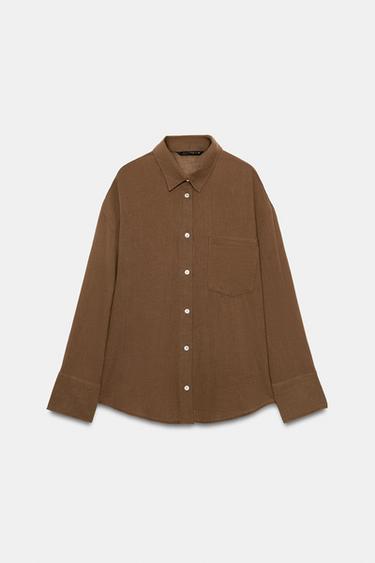 Zara OVERSIZED GAUZE SHIRT WITH POCKET - Brown