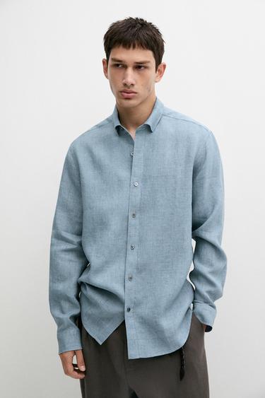 Camisa regular fit delave 100% lino - Azulón de Zara