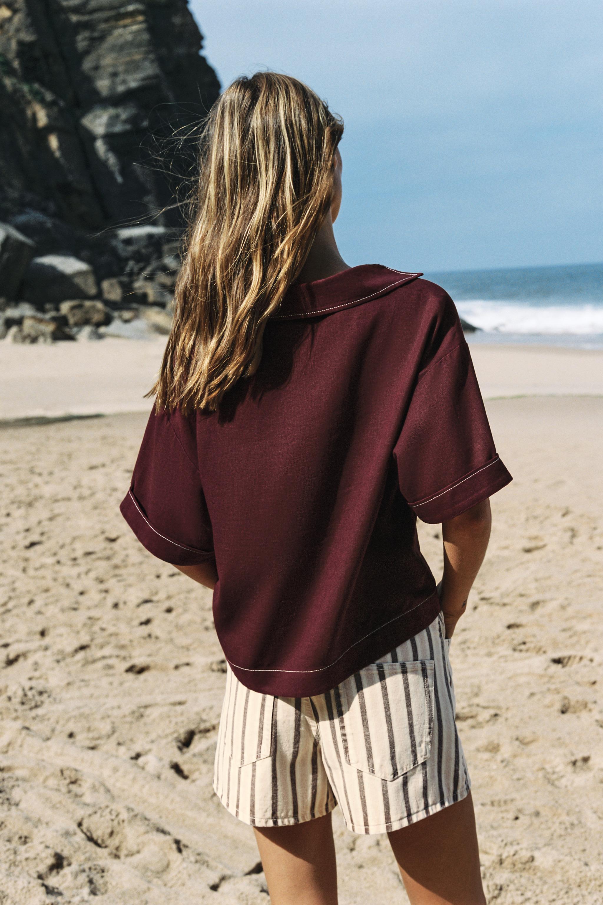 LINEN TOP WITH CONTRAST PIPING