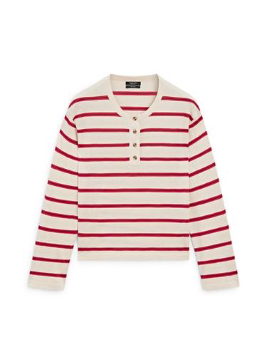 Pull en maille de coton à rayures et col tunisien - Rouge de Zara