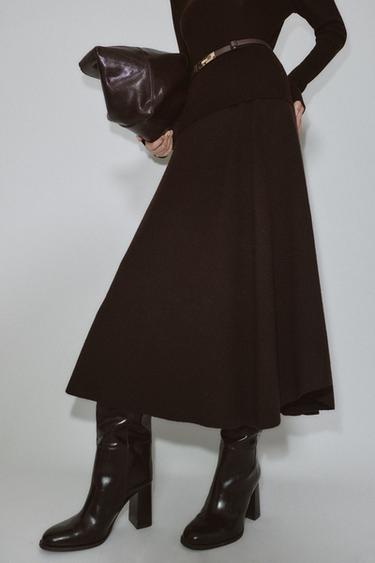 Zara 100% WOOL ELASTIC WAIST SKIRT - Chocolate
