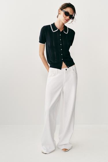 Zara LACE TRIM KNIT POLO JACKET - Navy blue - Image 0