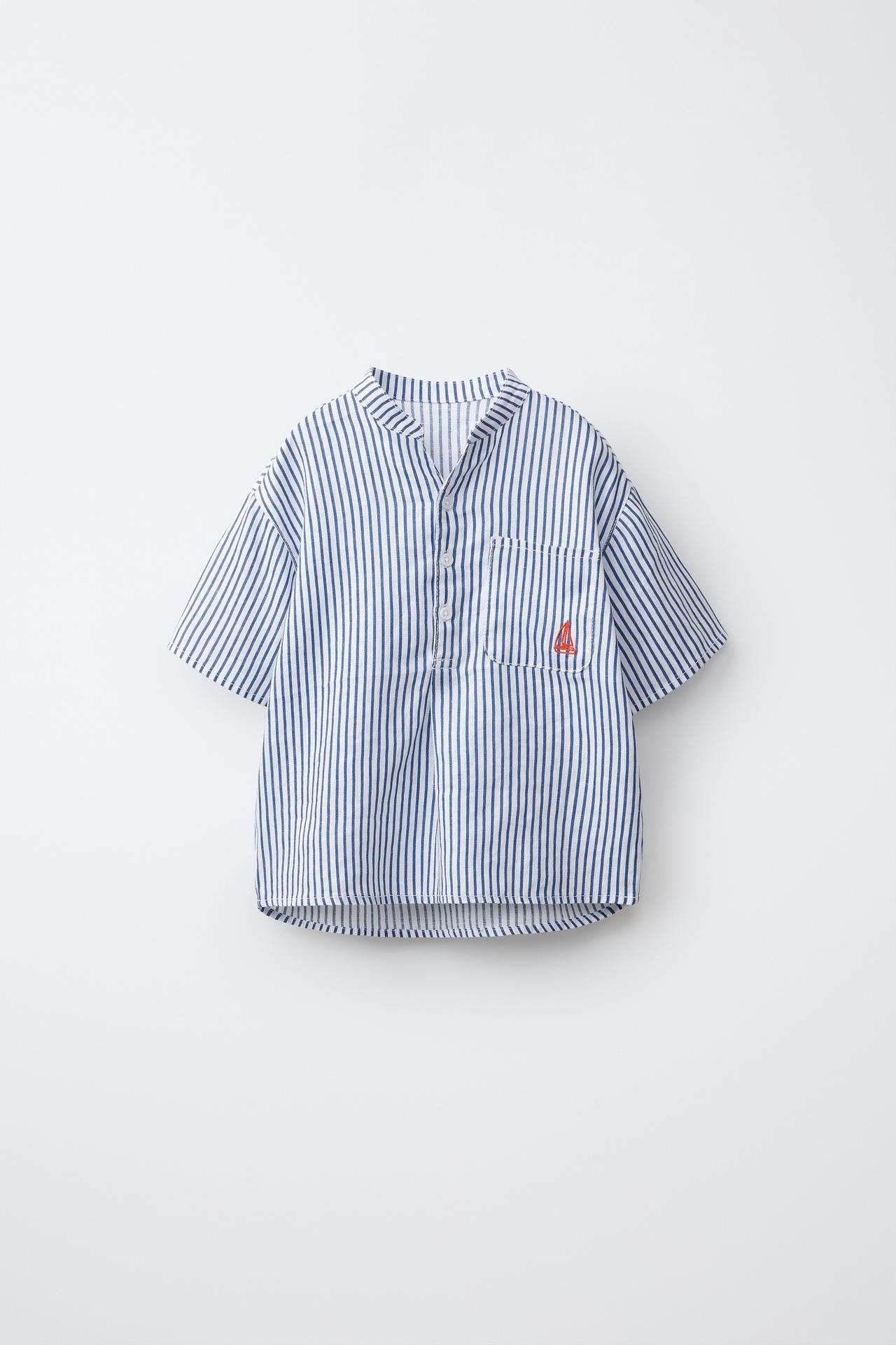 100% LINEN MANDARIN COLLAR SHIRT — striped