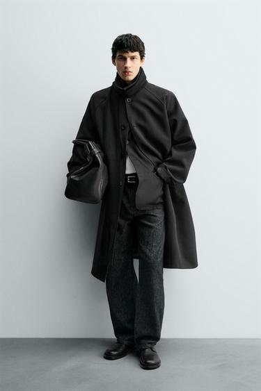 Zara OVERSIZED WOOL BLEND TRENCH COAT - Black