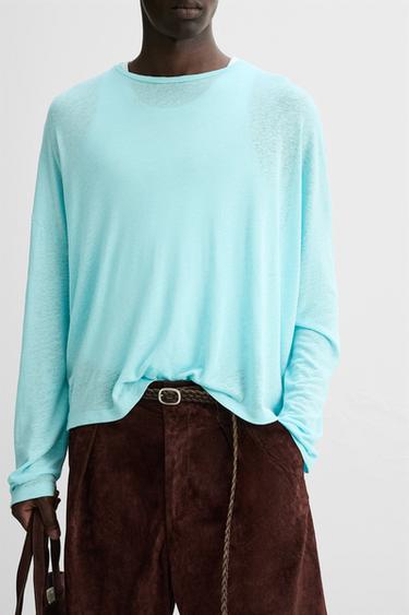 T-SHIRT VAN VISCOSE EN LINNEN - Turquoise van Zara