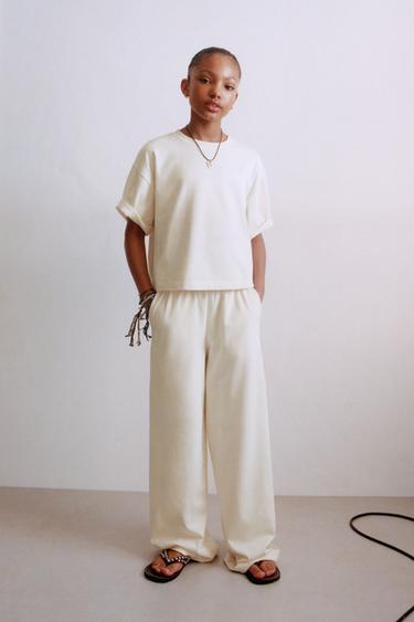 Zara HEAVY JERSEY WIDE LEG PANTS - Ecru