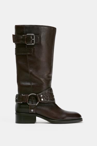 LEATHER FLAT EMBROIDERED BOOTS - Brown by Zara