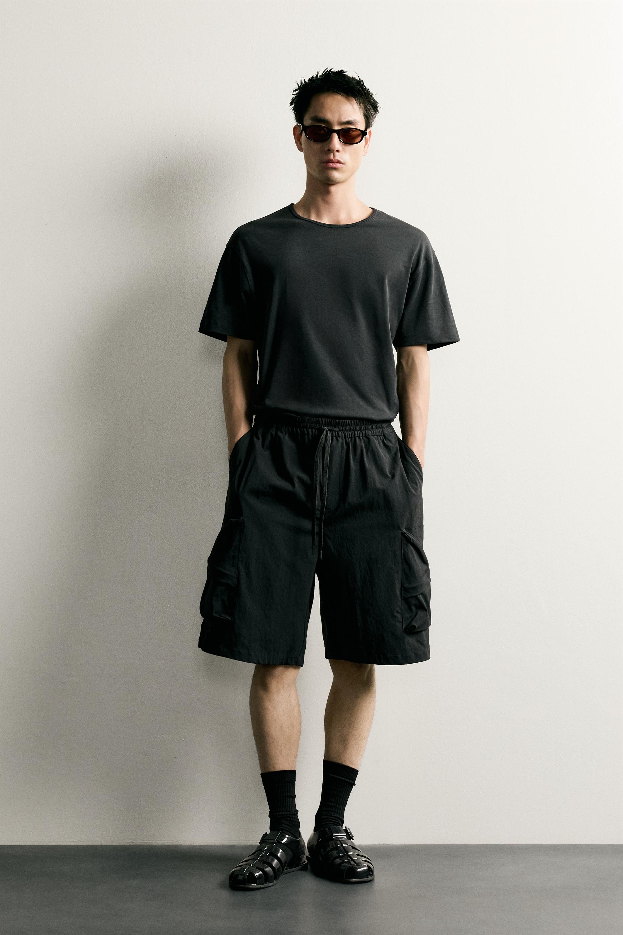 はっこ ワイドレッグ カーゴバミューダパンツ - ブラック | ZARA Japan / 日本