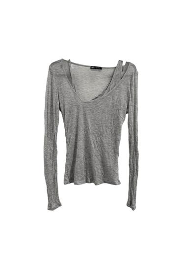ZARA SEMI SHEER LAYERED GRAY LONG SLEEVE TOP SIZE M