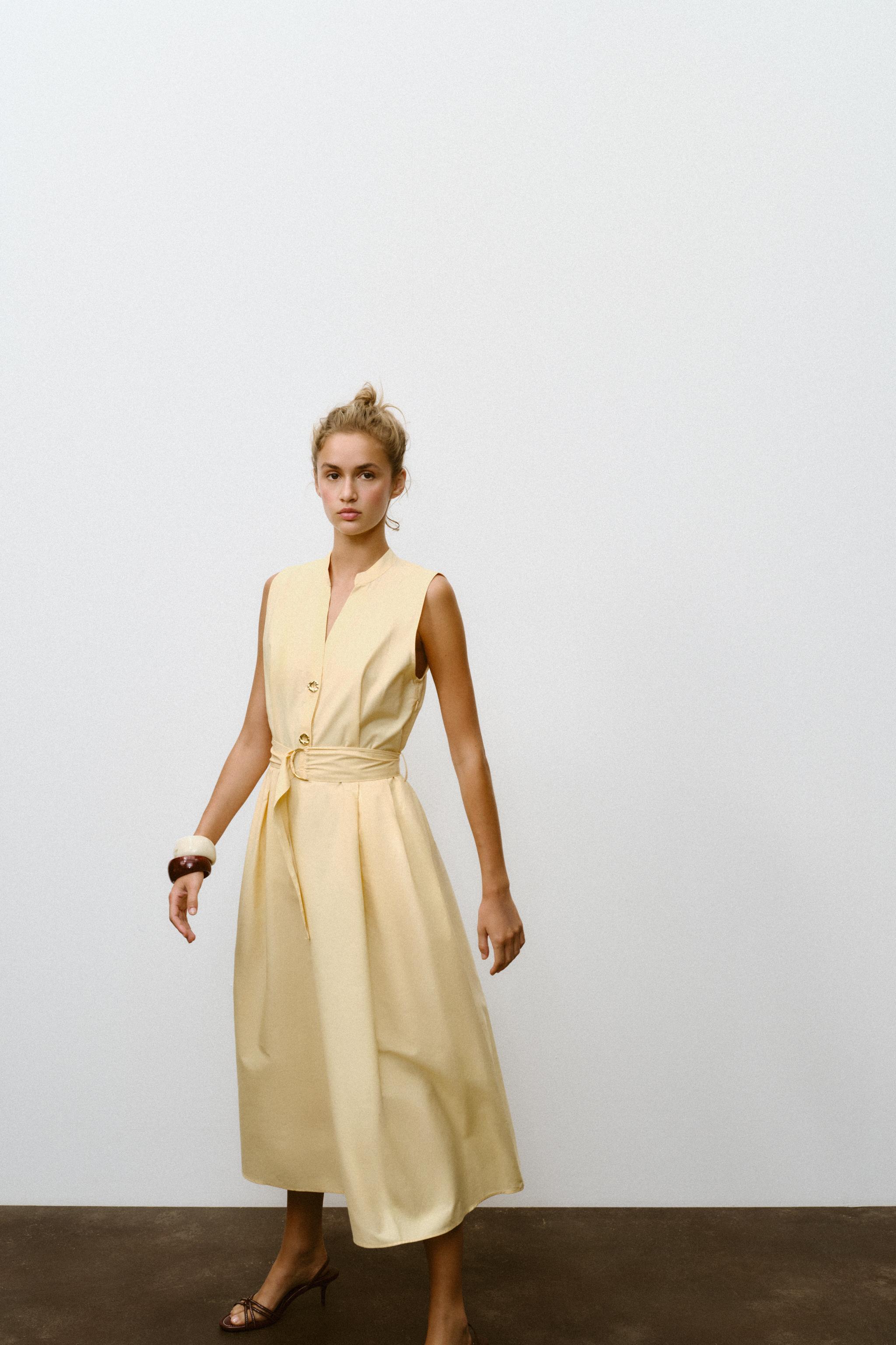 POPLIN MIDI DRESS WITH BELT - Butter | ZARA Singapore
