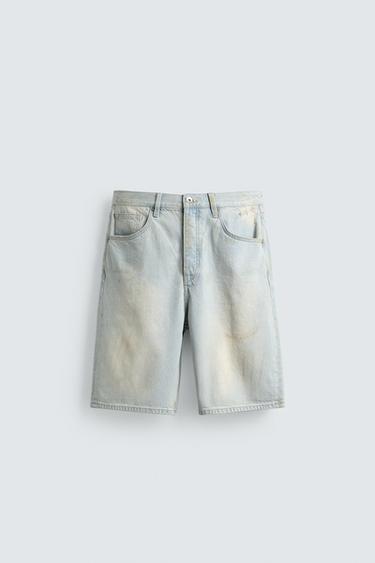 برمودا DENIM STRAIGHT FIT بمظهر VINTAGE مغسول - أزرق فاتح الخاص بـ Zara