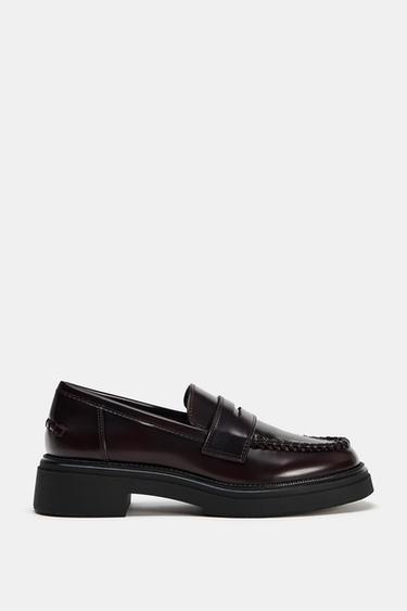 Zara DECORATIVE STITCHING LOAFERS - Burgundy Red
