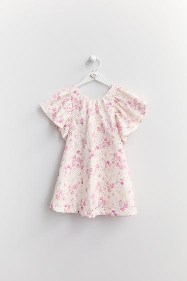 KJOLE I SCHIFFLI-BLONDE MED BLOMSTRET PRINT - rosa fra Zara