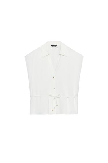 SATIN SHORT SLEEVE SHIRT WITH BELT - White by Zara