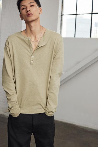 Zara 棉質/亞麻混紡亨利領 T 恤 - 深米色