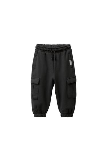 Zara FLEECE CARGO JOGGER PANTS - Black