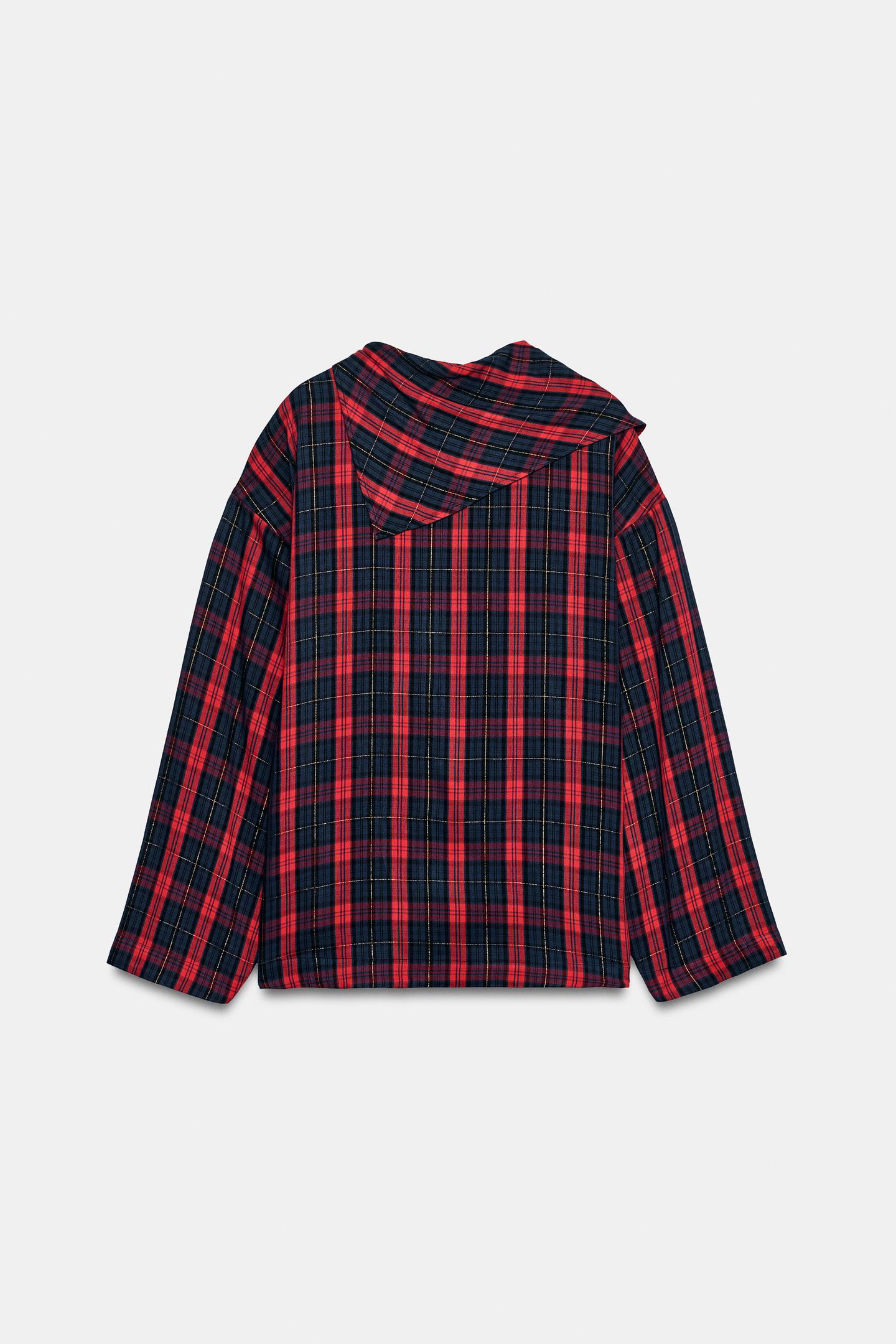 Женская рубашка Zara Metallic Yarn Checked, цвет: Красный / Тёмно-синий — фото 7