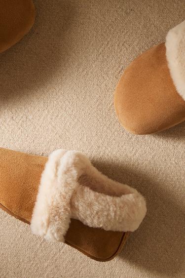 CHILDREN'S WARM LEATHER SLIPPERS - Brown by Zara