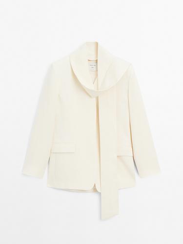 Zara 100% linen cropped blazer with scarf detail - STUDIO - Ecru - Image 0