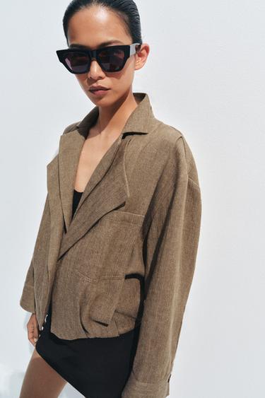 ZW COLLECTION LINEN POCKET BOMBER JACKET - Light brown by Zara