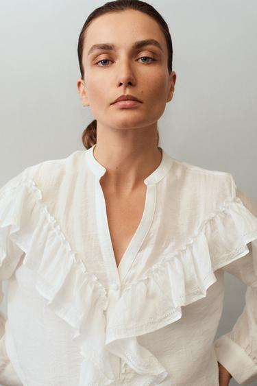 BLUSA FOLHOS RENDA - Branco-marfim da Zara - Imagem 0