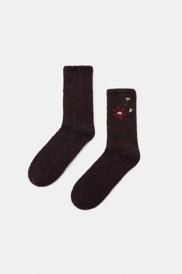 FLORAL EMBROIDERED SOCKS - Brown by Zara