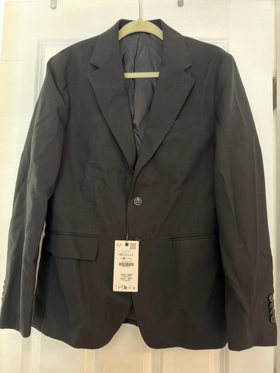 Black suit jacket on a hanger over a white door. Visible label with the text “48”, “US $169.00”, “UK £99.99”.
