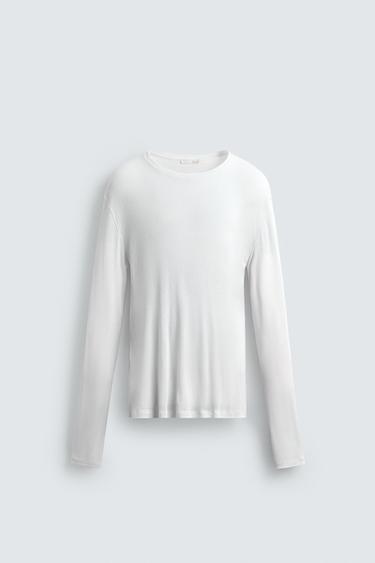 LONG SLEEVE VISCOSE TEXTURED T-SHIRT - White by Zara