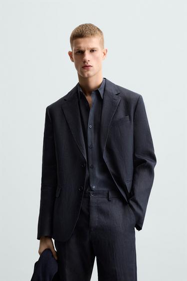 Zara 100% LINEN SUIT BLAZER - Navy blue