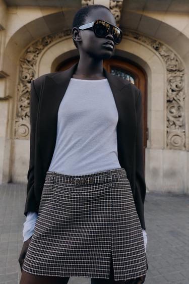 JUPE-CULOTTE PIED-DE-POULE AVEC CEINTURE - Gris / Marron clair de Zara - Image 3