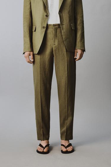 PANTALON REGULAR FIT DE COSTUME 100% LIN - Vert huile de Zara