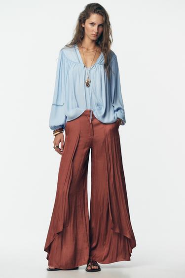 FLOWING WIDE-LEG TROUSERS WITH RUFFLES - MARSALA by Zara
