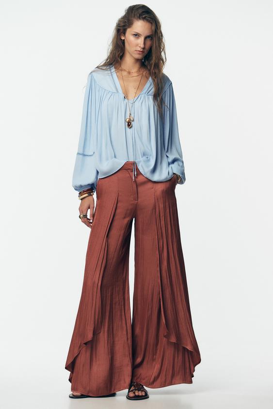 FLOWY WIDE LEG PANTS WITH RUFFLES
