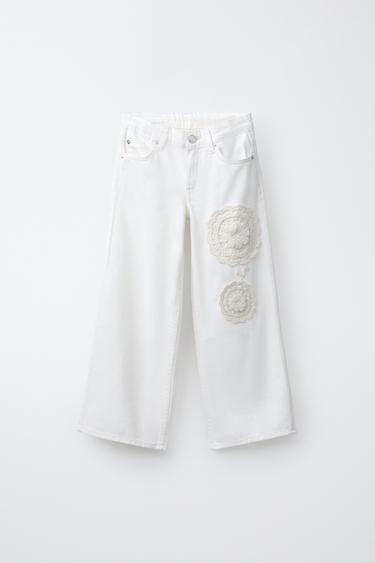 JEANS WIDE LEG FLORES CROCHET - Blanco de Zara - Imagen 0