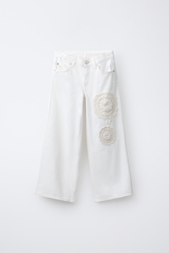 JEANS WIDE LEG FLORES CROCHET - Branco da Zara - Imagem 0