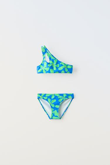 6-14 YEARS / ASYMMETRIC FLORAL BIKINI SET - Blue / Green by Zara