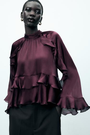 RUFFLED BLOUSE - Burgundy by Zara - Image 0