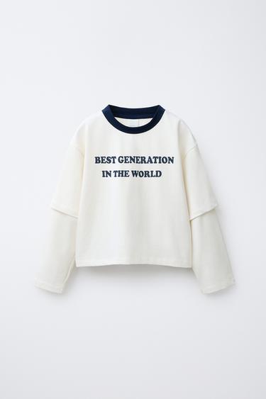 Zara 雙層袖標語 T 恤 - 磨白色 - 圖片 0